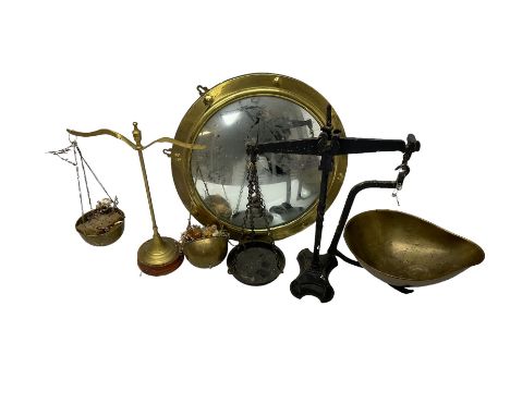 Brass circular convex mirror, iron and brass weighing scales and other brass scales, mirror D36cm