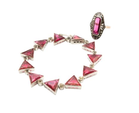 A PASTE AND MARCASITE RING AND A PASTE BRACELETThe ring centred by an elongated octagonal-cut pink paste, within an openwork 