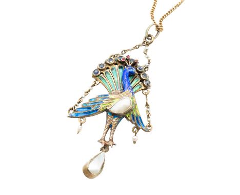 AN AUSTRO-HUNGARIAN ENAMEL AND GEM-SET PENDANTModeled as a peacock, applied with blue and green enamel, with circular-cut blu