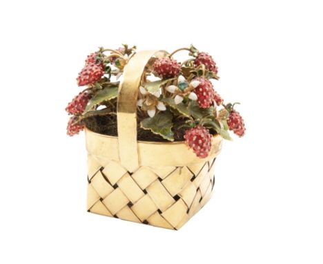 AN ENAMEL AND STERLING SILVER-GILT FRUIT BASKET, BY CARTIER, CIRCA 1950, realistically designed as woven basket displaying a 