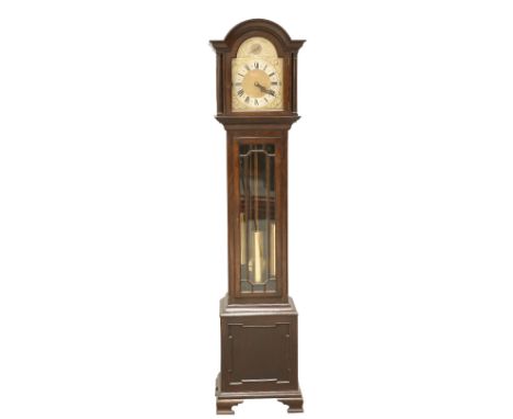 AN EARLY 20TH CENTURY OAK WESTMINSTER CHIME LONGCASE CLOCK, the arched hood with fluted columns, the 10-inch brass break-arch