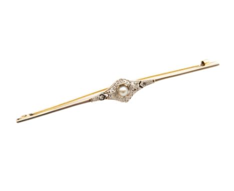 A PEARL AND DIAMOND BAR BROOCHThe polished bar applied with a rose-cut diamond-set plaque, centred by a pearl, pearl untested
