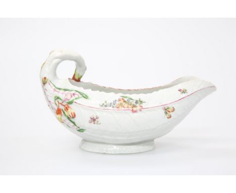A WORCESTER COS LETTUCE SAUCEBOAT, CIRCA 1755,&nbsp;with crisp leaf moulding and curled stalk handles further embossed with f