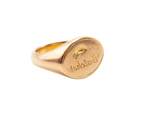 A 'RAT CATCHER' SIGNET RING, CIRCA 1863The polished oval plaque, incised with a representation of a rat, above the inscriptio