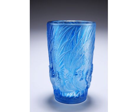 COQS ET PLUMES A LALIQUE VASE WITH BLUE PATINA, design introduced 1928, etched mark R. LALIQUE FRANCE. 15.5cmA few very tiny 