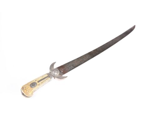 AN OTTOMAN EMPIRE SILVER-MOUNTED HUNTING SWORD, probably French made, the ivory grip carved with ribbon and reeding, the engr