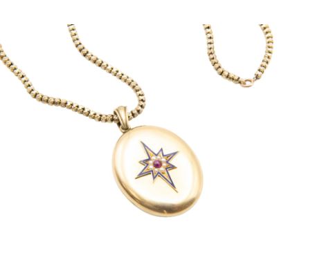 A LATE 19TH CENTURY ENAMEL AND GEM-SET LOCKET PENDANT  Oval-shaped, decoratively applied with an eight-rayed star in blue ena
