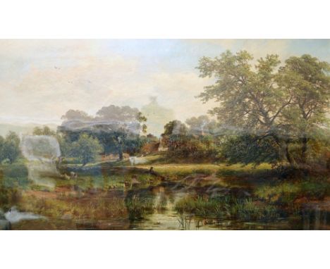 DAVID PAYNE (1843-1894), THE VILLAGE POND, signed lower right, oil on canvas, framed under glass. 44cm by 75cmIn original gil