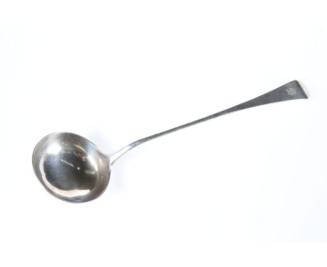 A GEORGE III SILVER LADLE, JOHN LANGLANDS II, NEWCASTLE 1779, Old English pattern, engraved with the letter S. 35cm, 6.5 troy