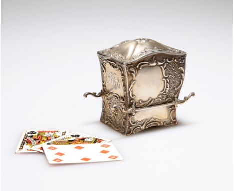 A LATE VICTORIAN SILVER PLAYING CARDS BOX IN THE FORM OF A MINIATURE PALANQUIN, SAMUEL JACOB, LONDON 1899, chased with trelli