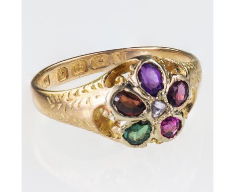 A MID VICTORIAN MULTI GEM SET REGARD RING&nbsp; The oval cut ruby, emerald, garnet, amethyst, ruby and diamond, (REGARD), set