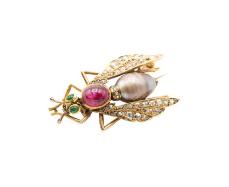 A GEM-SET INSECT BROOCHDesigned as a bee, the freshwater cultured pearl abdomen, leading to a cabochon ruby thorax, the eyes 