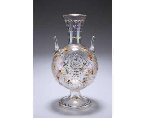 A LARGE MOSER ART NOUVEAU GLASS VASE, the spherical body enamel painted with flowers and gilded with fronds, highlighted with