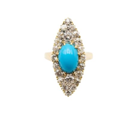 A TURQUOISE AND DIAMOND RING &nbsp;The navette-shaped plaque, centred by a cabochon turquoise within a surround of old brilli