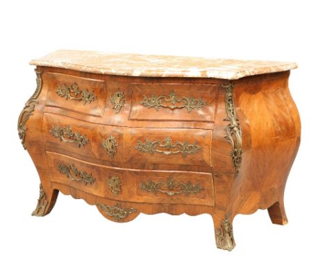 A LARGE AND IMPRESSIVE LOUIS XV STYLE ORMOLU MOUNTED BOMBE COMMODE, with moulded marble top above three long drawers, with Ro