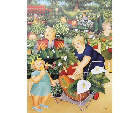 BERYL COOK (1926-2008), THE GARDEN CENTRE, limited edition print, signed and numbered 261/850 in pencil, framed. Image 51cm b