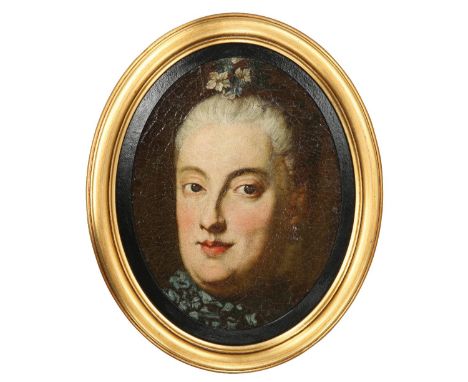 AFTER GEORG DESMAREES (1697-1776), PORTRAIT OF MARIA ANNA SOPHIA OF SAXONY, oil on canvas laid on board, oval, framed. 30.5cm