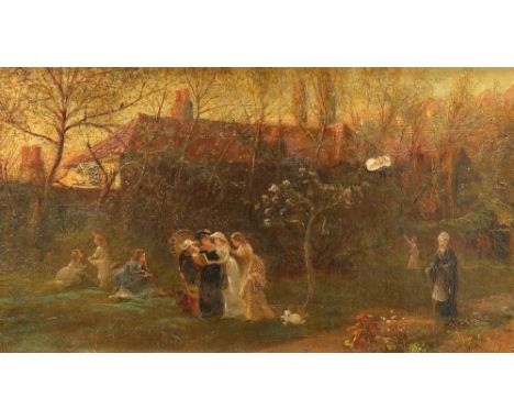 CONTINENTAL SCHOOL (19TH CENTURY), LADIES IN A GARDEN, bears signature Monticelli lower right, oil on canvas, framed. 21.5cm 