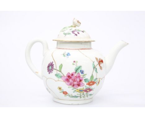 A CHINESE EXPORT PORCELAIN TEAPOT, LATE 18TH CENTURY, enamel painted with floral sprays and highlighted with gilding, the dom