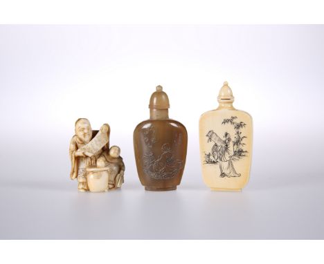 AN EARLY 20TH CENTURY CHINESE IVORY SNUFF BOTTLE, together with A JAPANESE MEIJI PERIOD IVORY NETSUKE, signed; and A CHINESE 