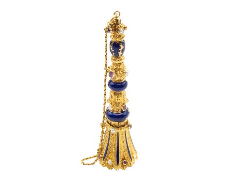 A FINE GOLD AND ENAMEL POSY HOLDER, LATE 19TH CENTURY, FRENCH IMPORT MARK FOR PARIS, decorated with collet set rubies and pea