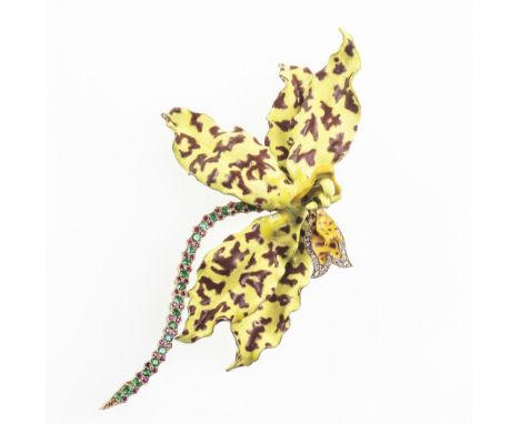 AN ENAMEL AND GEM-SET TIGER ORCHID BROOCH, BY TIFFANY & CO., CIRCA 1890Realistically modeled as a tiger orchid, the flowerhea
