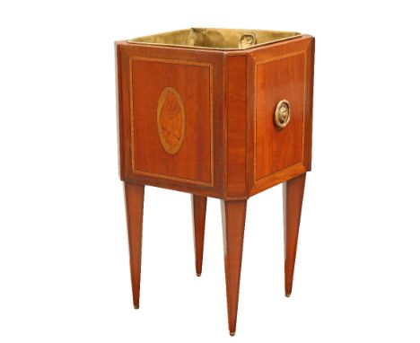 A DUTCH INLAID MAHOGANY JARDINIERE, 19TH CENTURY, of square-section with canted corners and brass liner, decorated front and 