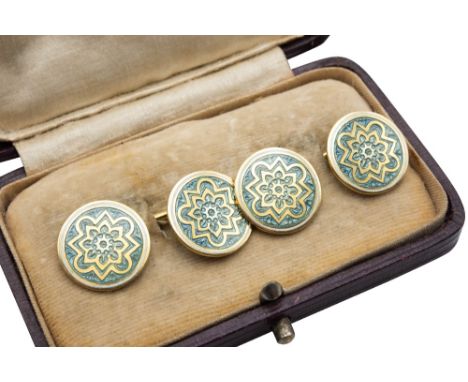 A PAIR OF ENAMEL CUFFLINKSDouble-sided, each disc-shaped terminal featuring a moorish motif in blue enamel, bar connectors, p