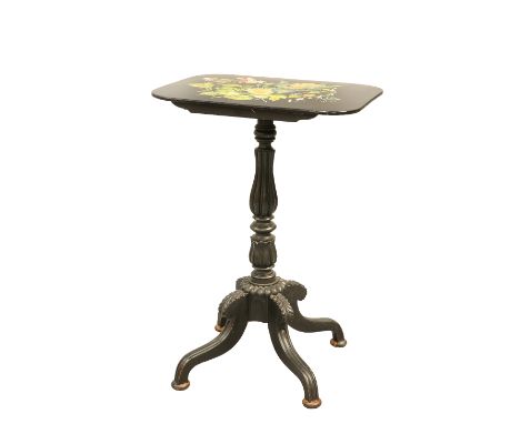 A 19TH CENTURY EBONISED AND PAINTED TILT-TOP OCCASIONAL TABLE, the rectangular top with rounded corners, painted with a flora