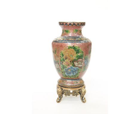 A CHINESE PLIQUE A JOUR ENAMEL VASE, of hipped baluster form, decorated with cartouches of chrysanthemums against a floral an