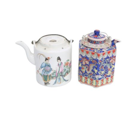 TWO CHINESE PORCELAIN TEAPOTS, the first of octagonal section with removable liner, enamel painted with dragon, phoenix and f