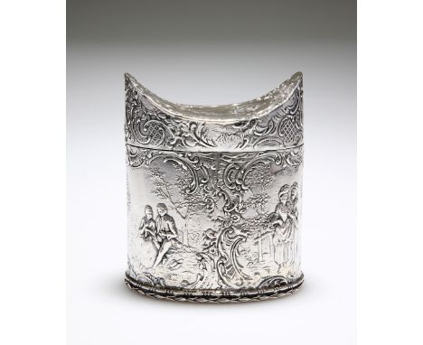 A DUTCH SILVER TEA CADDY, IMPORT MARKS,&nbsp;JOHN GEORGE SMITH,&nbsp;LONDON 1899, of oval section with unusual concave hinged