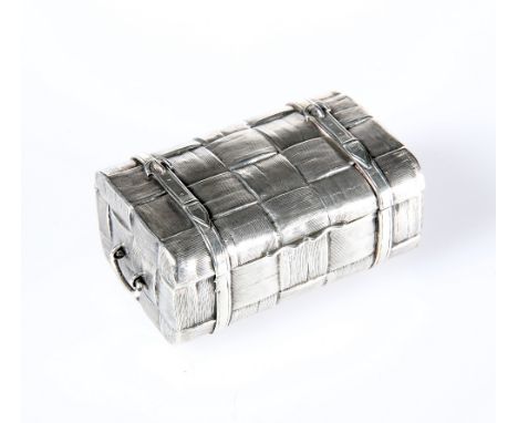 A FINE AND RARE VICTORIAN SILVER BOX IN THE FORM OF A TRAVELLING TRUNK, LAWRENCE EMANUEL, BIRMINGHAM 1892, with hinged handle