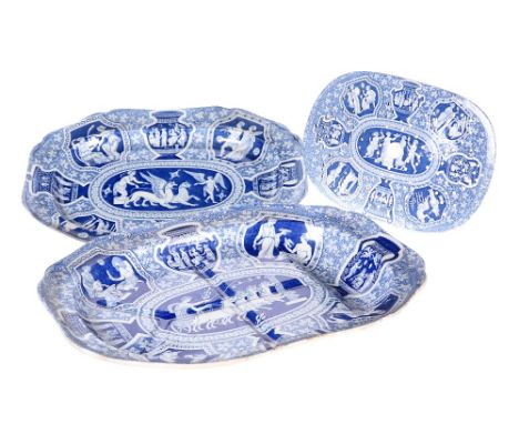 THREE PIECES OF SPODE "GREEK" PATTERN BLUE TRANSFER-PRINTED WARES, EARLY 19TH CENTURY, comprising drainer, 32.5cm by 22.5cm, 