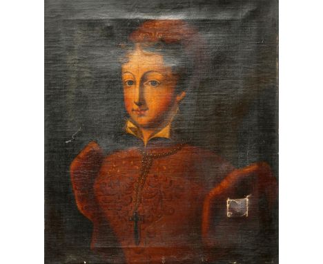 CONTINENTAL SCHOOL, PORTRAIT OF A GIRL IN 16TH CENTURY COSTUME WEARING A CRUCIFIX, oil on canvas, unframed. 60cm by 53cm