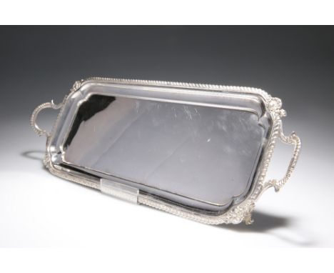 A SILVER TWO-HANDLED SANDWICH TRAY, BIRMINGHAM 1966, maker BP Co, rectangular with gadrooned edge and a palmette to each corn