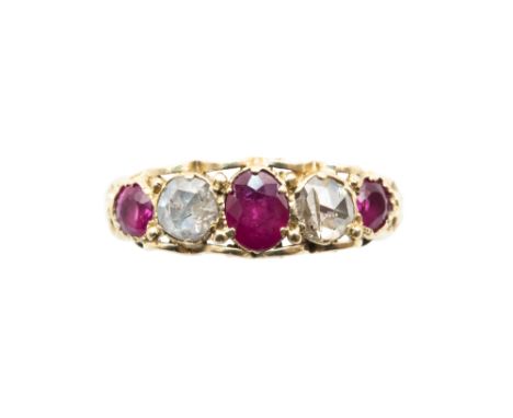 A RUBY AND DIAMOND FIVE-STONE RINGThe oval and circular-cut rubies, interspersed by a pair of rose-cut diamonds, to a scrolli