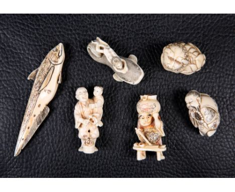 FOUR JAPANESE SIGNED IVORY NETSUKE, including fish; together with TWO UNSIGNED NETSUKE, of a shi-shi and a man holding beads.