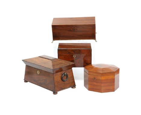 FOUR 19TH CENTURY AND LATER BOXES, comprising a Regency rosewood sarcophagus tea caddy, Regency mahogany rectangular tea cadd