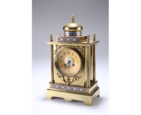 A FRENCH GILT BRASS AND CHAMPLEVE ENAMEL TABLE CLOCK, LATE 19TH CENTURY, the twin barrel Japy movement striking the hour and 