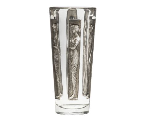 SIX FIGURINES A LALIQUE GOBLET, of tapering form, in clear and frosted glass with staining, moulded with six draped female fi