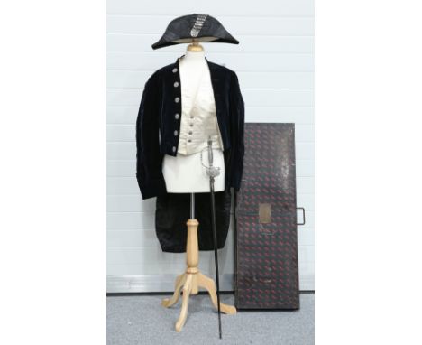 A 19TH CENTURY HIGH SHERIFF UNIFORM, DAVID ECCLES ESQ., comprising navy velvet jacket and breeches with cut-steel buttons and