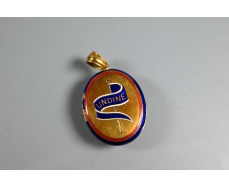 A gilt metal and red, white and blue enamel locket featuring hairwork in locket to reverse, featuring 'Undine' flag, in fitte