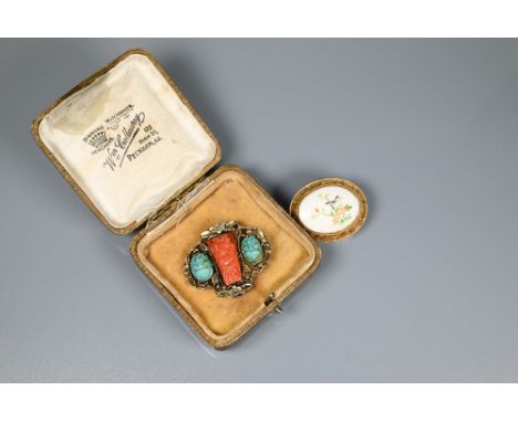 An Oriental vintage part buckle set carved coral and turquoise to/w an oval ceramic set brooch featuring bird on flowering br