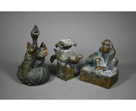 Vladimir Trulov, three Russian dark bronze sculptures - a nest of young birds; a seated monkey and a tortoise, all bear monog