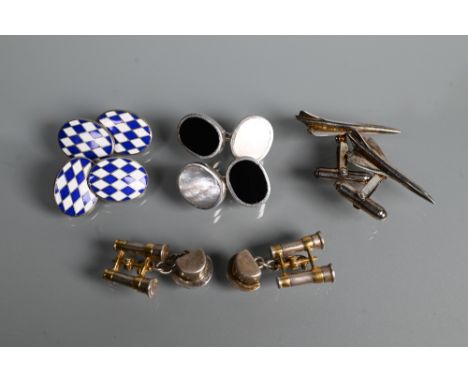 Four pairs of silver cufflinks including Concorde, racing, enamel blue and white chequered, and black and agate oval (4)  