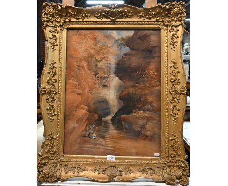 T Lindsay (1793-1861) - Fisherman and a seated gillie in a gorge, watercolour, signed, 60 x 45 cm, possibly a preparatory ske