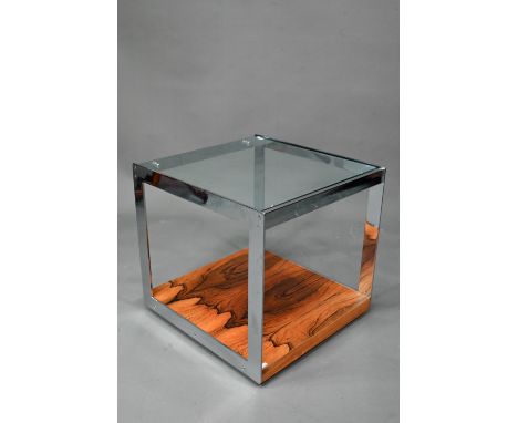 Richard Young for Merrow Associates, a chrome, glass and rosewood coffee table, 54 cm x 56 cm x 53 cm h  good original condit
