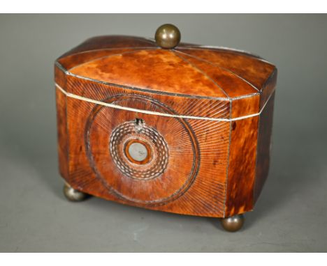 A Georgian tortoiseshell and ivory strung tea caddy, with twin lidded canister tops to the interior, raised on brass ball fee