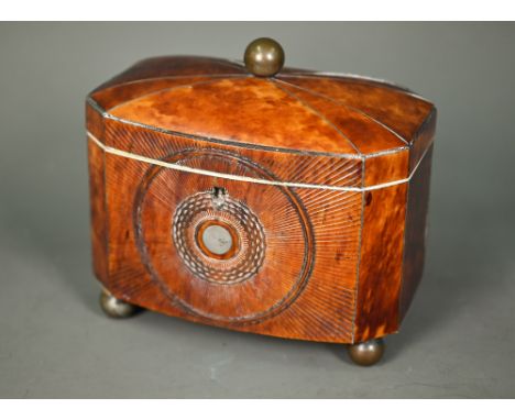 A Georgian tortoiseshell and ivory strung tea caddy, with twin lidded canister tops to the interior, raised on brass ball fee